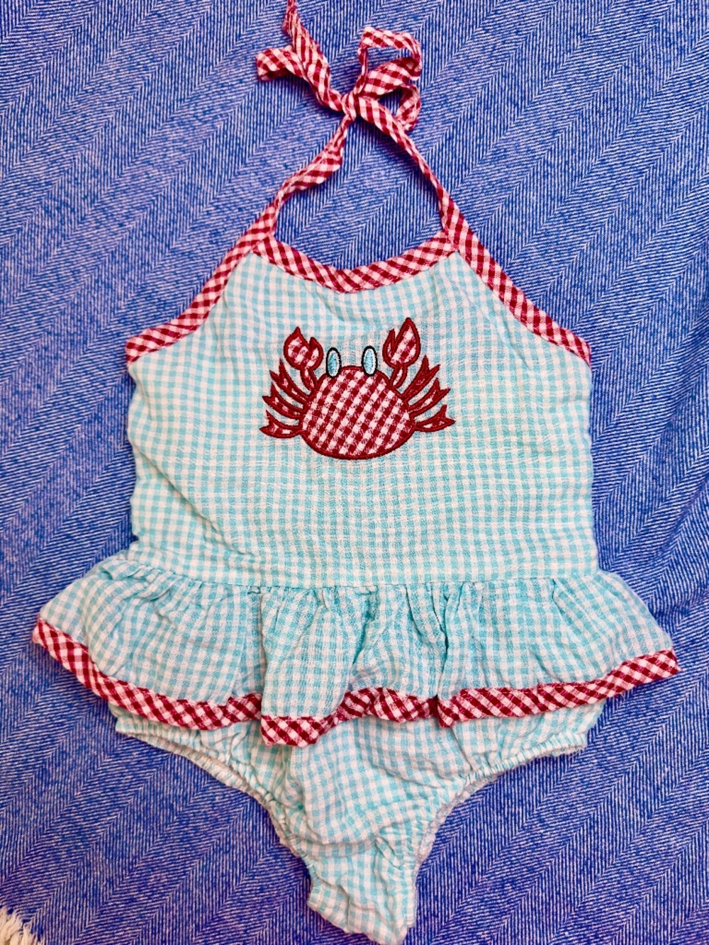 Classic Whimsey Teal Gingham Crab Ruffle Halter One-Piece Swimsuit Size 4T